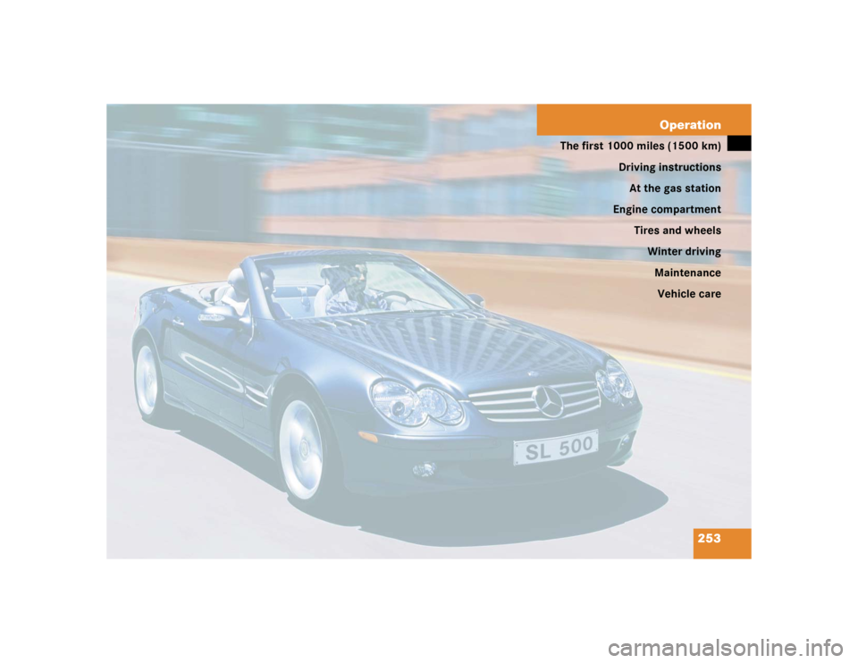 MERCEDES-BENZ SL600 2005 R230 Owners Manual 253 Operation
The first 1000 miles (1500 km)
Driving instructions
At the gas station
Engine compartment
Tires and wheels
Winter driving
Maintenance
Vehicle care 