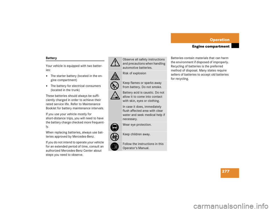 MERCEDES-BENZ SL600 2005 R230 Owners Manual 277 Operation
Engine compartment
Battery
Your vehicle is equipped with two batter-
ies:
The starter battery (located in the en-
gine compartment)
The battery for electrical consumers
(located in t MERCEDES-BENZ SL600 2005 R230 Owners Manual 277 Operation
Engine compartment
Battery
Your vehicle is equipped with two batter-
ies:
The starter battery (located in the en-
gine compartment)
The battery for electrical consumers
(located in t