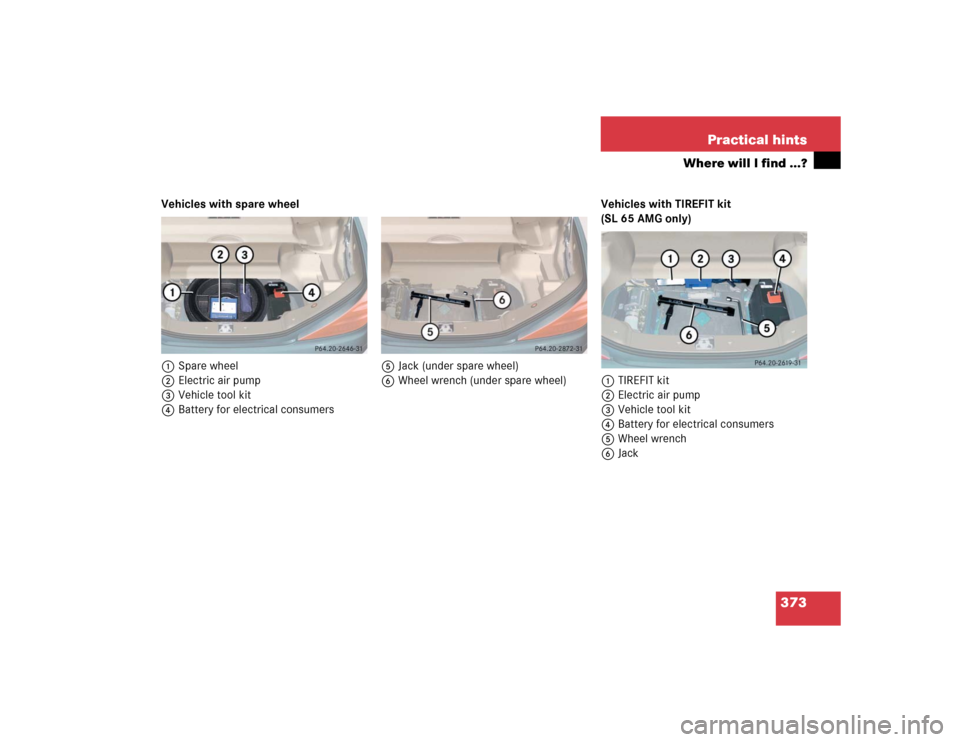 MERCEDES-BENZ SL600 2005 R230 Owners Manual 373 Practical hints
Where will I find ...?
Vehicles with spare wheel
1Spare wheel
2Electric air pump
3Vehicle tool kit
4Battery for electrical consumers5Jack (under spare wheel)
6Wheel wrench (under s