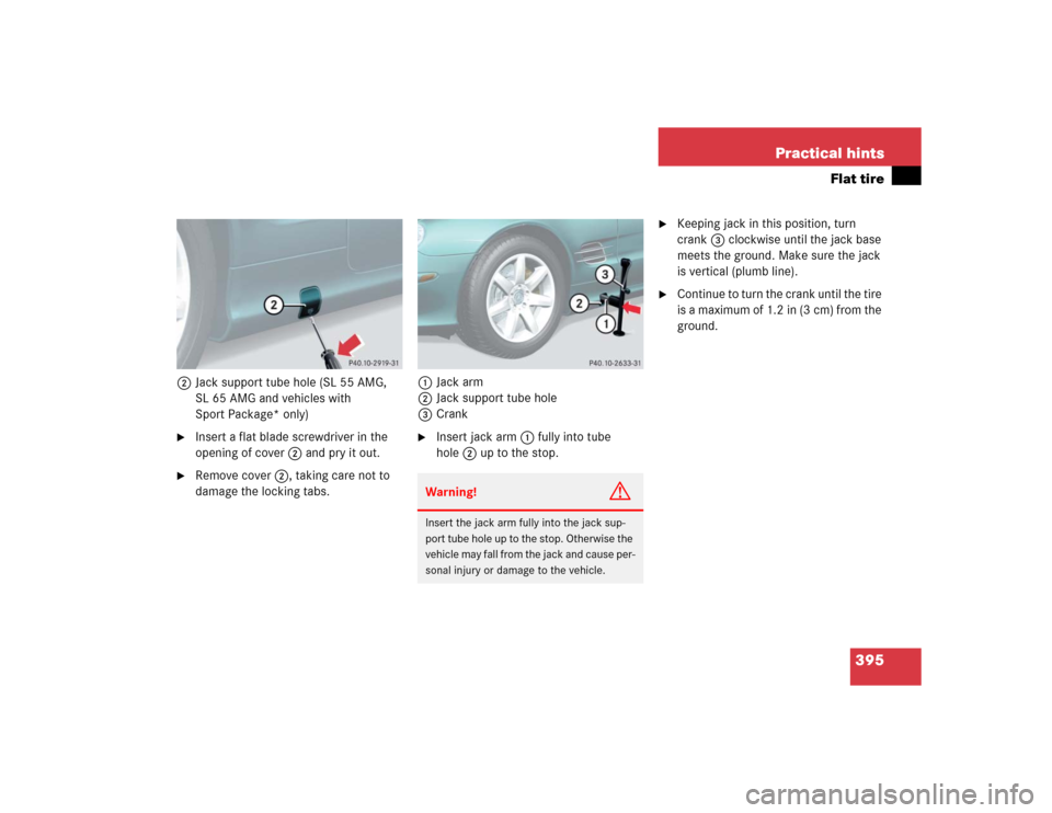 MERCEDES-BENZ SL600 2005 R230 Owners Manual 395 Practical hints
Flat tire
2Jack support tube hole (SL 55 AMG, 
SL 65 AMG and vehicles with 
Sport Package* only)
Insert a flat blade screwdriver in the 
opening of cover2 and pry it out.

Remove