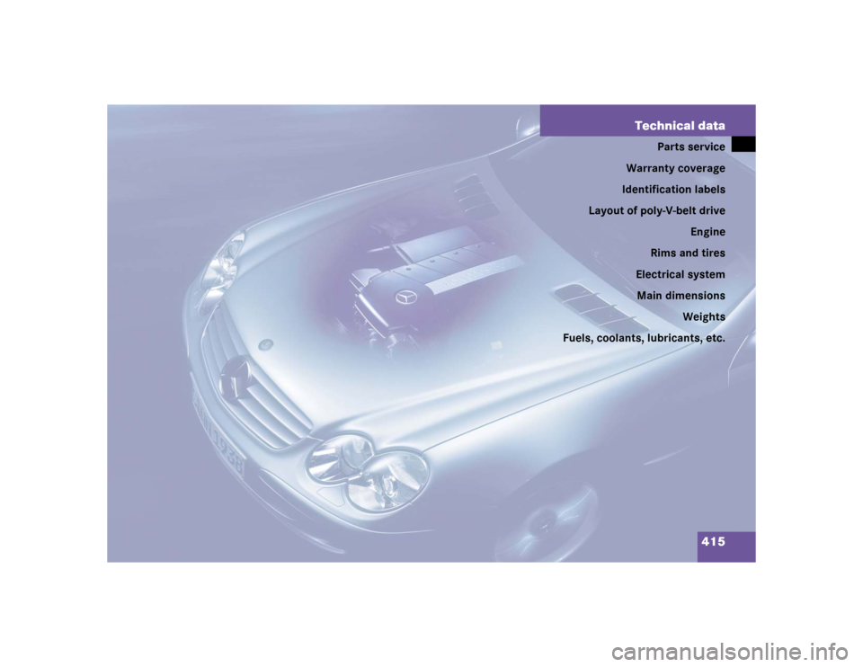 MERCEDES-BENZ SL600 2005 R230 Owners Manual 415 Technical data
Parts service
Warranty coverage
Identification labels
Layout of poly-V-belt drive
Engine
Rims and tires
Electrical system
Main dimensions
Weights
Fuels, coolants, lubricants, etc. 