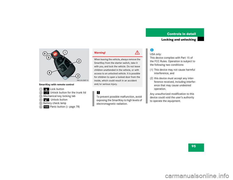 MERCEDES-BENZ SL600 2005 R230 Owners Manual 95 Controls in detail
Locking and unlocking
SmartKey with remote control1‹Lock button
2Š Unlock button for the trunk lid
3Mechanical key locking tab
4Œ Unlock button
5Battery check lamp
6Â Panic 
