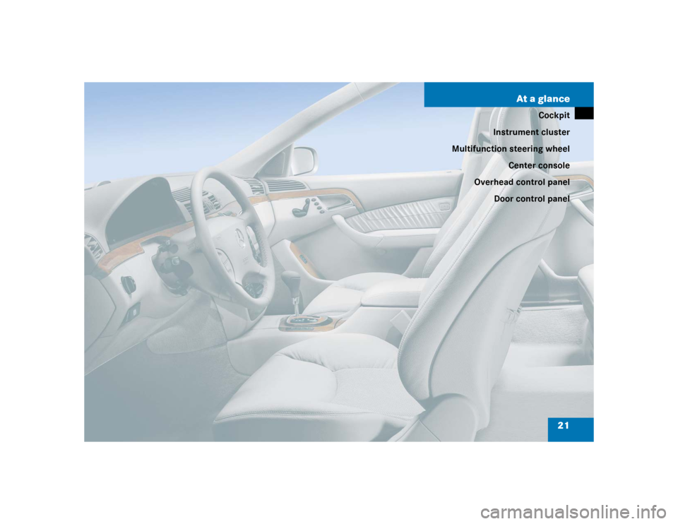 MERCEDES-BENZ S55AMG 2005 W220 Owners Manual 21 At a glance
Cockpit
Instrument cluster
Multifunction steering wheel
Center console
Overhead control panel
Door control panel 