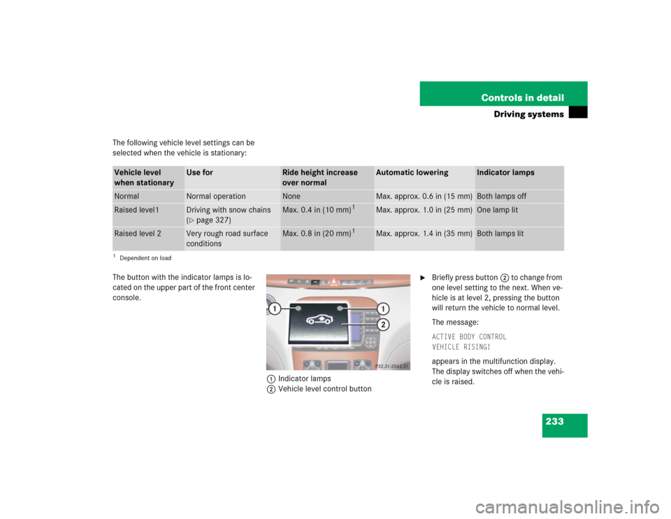MERCEDES-BENZ S55AMG 2005 W220 Owners Manual 233 Controls in detail
Driving systems
The following vehicle level settings can be
selected when the vehicle is stationary:
The button with the indicator lamps is lo-
cated on the upper part of the f MERCEDES-BENZ S55AMG 2005 W220 Owners Manual 233 Controls in detail
Driving systems
The following vehicle level settings can be
selected when the vehicle is stationary:
The button with the indicator lamps is lo-
cated on the upper part of the f