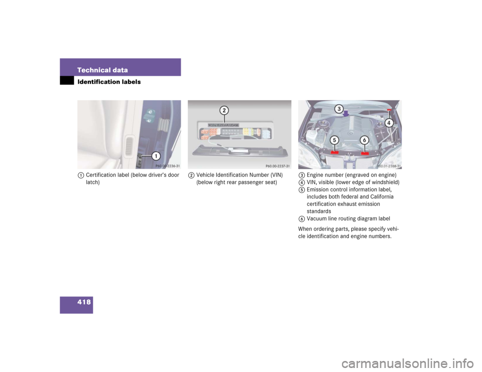 MERCEDES-BENZ S55AMG 2005 W220 Owners Manual 418 Technical dataIdentification labels1Certification label (below driver’s door 
latch)2Vehicle Identification Number (VIN) 
(below right rear passenger seat)3Engine number (engraved on engine)
4VI