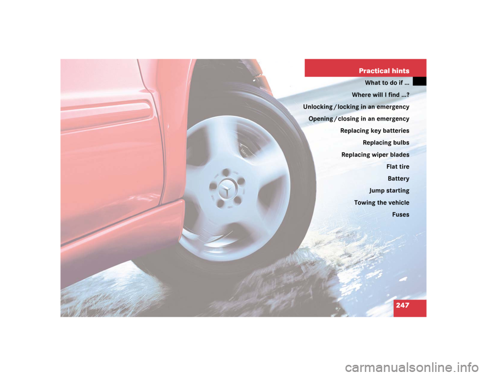 MERCEDES-BENZ ML500 2005 W163 Owners Manual 247 Practical hints
What to do if …
Where will I find ...?
Unlocking / locking in an emergency
Opening / closing in an emergency
Replacing key batteries
Replacing bulbs
Replacing wiper blades
Flat t