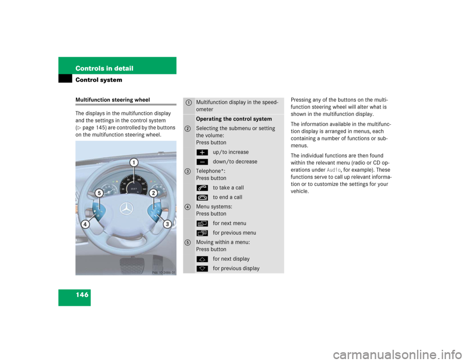 MERCEDES-BENZ E500 2005 W211 Owners Manual 146 Controls in detailControl systemMultifunction steering wheel
The displays in the multifunction display 
and the settings in the control system 
(page 145) are controlled by the buttons 
on the mu
