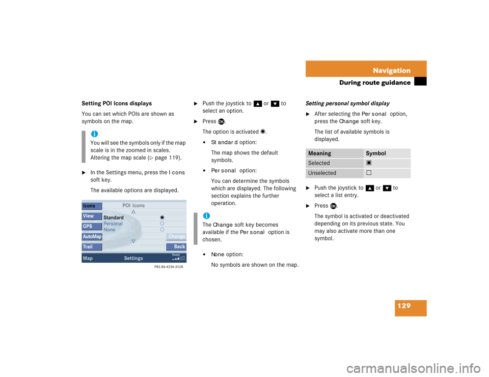 MERCEDES-BENZ CLK-Class 2005 W203 Comand Manual 129 Navigation
During route guidance
Setting POI Icons displays
You can set which POIs are shown as
symbols on the map.
In the Settings menu, press the
Icons
soft key.
The available options are d MERCEDES-BENZ CLK-Class 2005 W203 Comand Manual 129 Navigation
During route guidance
Setting POI Icons displays
You can set which POIs are shown as
symbols on the map.
In the Settings menu, press the
Icons
soft key.
The available options are d