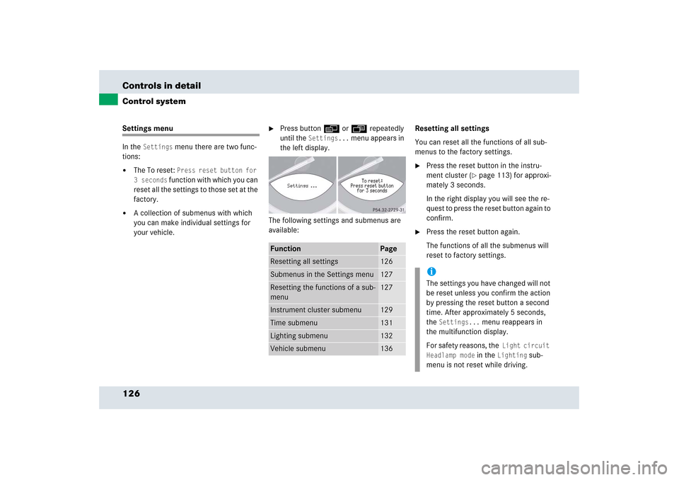 MERCEDES-BENZ SLR 2006 R199 Owners Manual 126 Controls in detailControl systemSettings menu
In the
Settings
menu there are two func-
tions:
The To reset:
Press reset button for
3 seconds
function with which you can
reset all the setti MERCEDES-BENZ SLR 2006 R199 Owners Manual 126 Controls in detailControl systemSettings menu
In the
Settings
menu there are two func-
tions:
The To reset:
Press reset button for
3 seconds
function with which you can
reset all the setti
