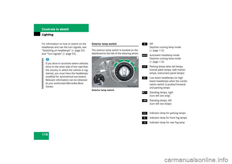 MERCEDES-BENZ SLK55AMG 2006 R171 Owners Manual 110 Controls in detailLightingFor information on how to switch on the
headlamps and use the turn signals, see
“Switching on headlamps” (
page 55)
and “Turn signals” (
page 55).
Exterior l MERCEDES-BENZ SLK55AMG 2006 R171 Owners Manual 110 Controls in detailLightingFor information on how to switch on the
headlamps and use the turn signals, see
“Switching on headlamps” (
page 55)
and “Turn signals” (
page 55).
Exterior l