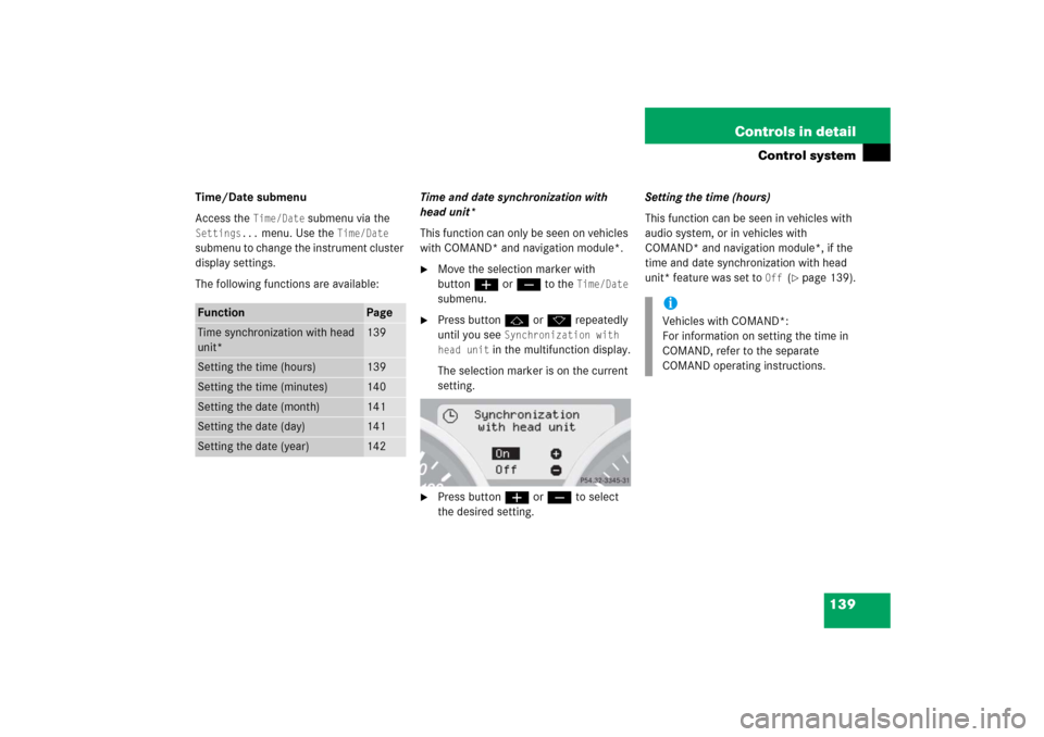 MERCEDES-BENZ SLK55AMG 2006 R171 Owners Manual 139 Controls in detail
Control system
Time/Date submenu
Access the
Time/Date
submenu via the
Settings...
menu. Use the
Time/Date
submenu to change the instrument cluster
display settings.
The MERCEDES-BENZ SLK55AMG 2006 R171 Owners Manual 139 Controls in detail
Control system
Time/Date submenu
Access the
Time/Date
submenu via the
Settings...
menu. Use the
Time/Date
submenu to change the instrument cluster
display settings.
The