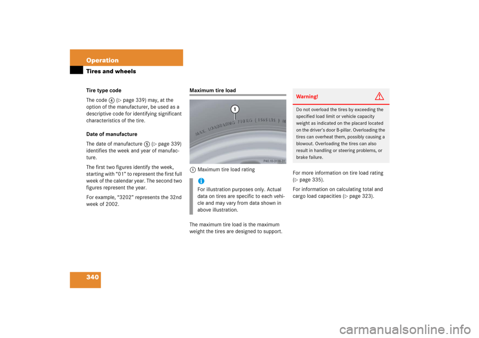 MERCEDES-BENZ SLK55AMG 2006 R171 Owners Manual 340 OperationTires and wheelsTire type code
The code4 (
page 339) may, at the
option of the manufacturer, be used as a
descriptive code for identifying significant
characteristics of the tire.
Dat MERCEDES-BENZ SLK55AMG 2006 R171 Owners Manual 340 OperationTires and wheelsTire type code
The code4 (
page 339) may, at the
option of the manufacturer, be used as a
descriptive code for identifying significant
characteristics of the tire.
Dat