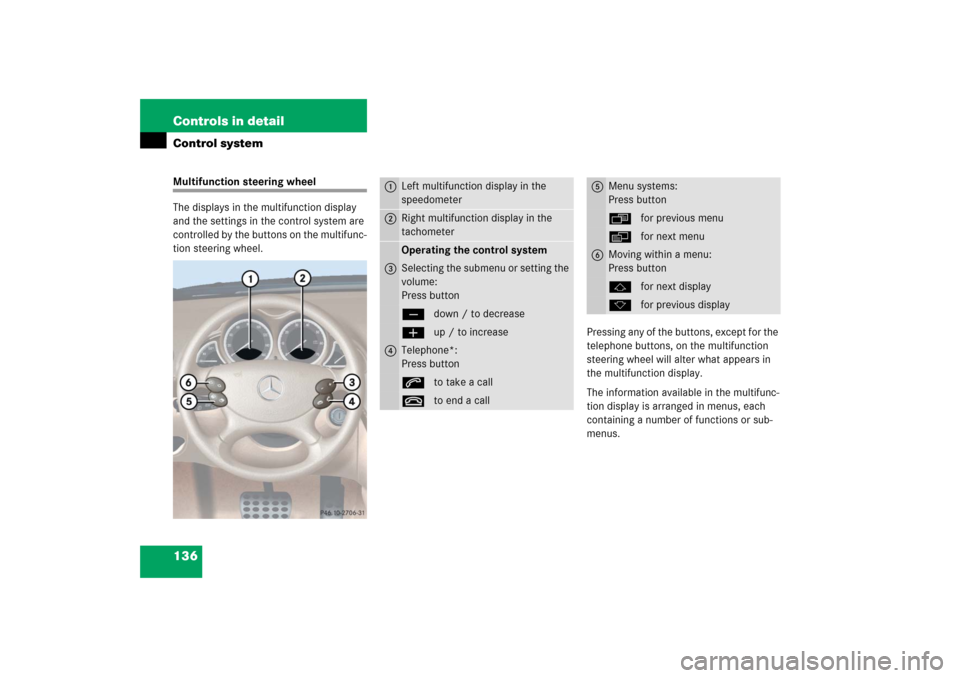 MERCEDES-BENZ SL600 2006 R230 Owners Manual 136 Controls in detailControl systemMultifunction steering wheel
The displays in the multifunction display 
and the settings in the control system are 
controlled by the buttons on the multifunc-
tion