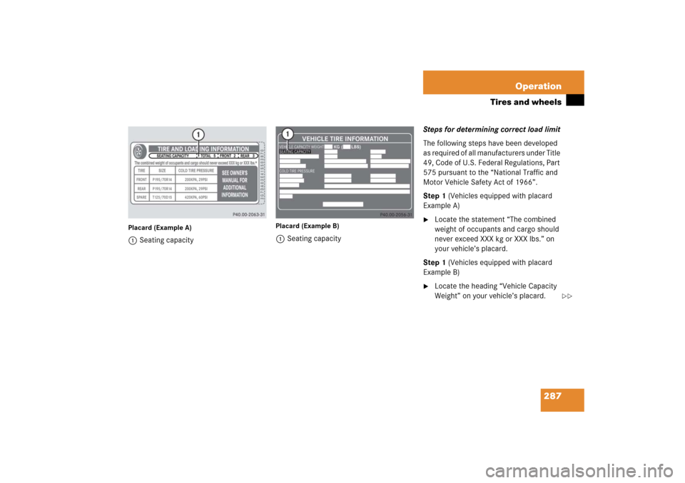 MERCEDES-BENZ SL600 2006 R230 Owners Manual 287 Operation
Tires and wheels
Placard (Example A)1Seating capacity
Placard (Example B)1Seating capacitySteps for determining correct load limit
The following steps have been developed 
as required of