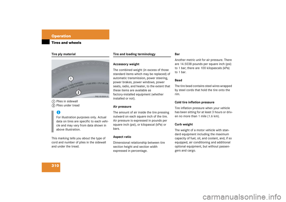 MERCEDES-BENZ SL600 2006 R230 Owners Manual 310 OperationTires and wheelsTire ply material
1Plies in sidewall
2Plies under tread
This marking tells you about the type of
cord and number of plies in the sidewall
and under the tread.
Tire and l MERCEDES-BENZ SL600 2006 R230 Owners Manual 310 OperationTires and wheelsTire ply material
1Plies in sidewall
2Plies under tread
This marking tells you about the type of
cord and number of plies in the sidewall
and under the tread.
Tire and l