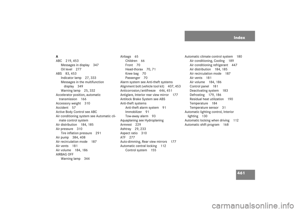 MERCEDES-BENZ SL600 2006 R230 Owners Manual 461 Index
A
ABC 219, 453
Messages in display 347
Oil level 277
ABS 83, 453
Indicator lamp 27, 333
Messages in the multifunction
display 349
Warning lamp 25, 332
Accelerator position, automatic
trans MERCEDES-BENZ SL600 2006 R230 Owners Manual 461 Index
A
ABC 219, 453
Messages in display 347
Oil level 277
ABS 83, 453
Indicator lamp 27, 333
Messages in the multifunction
display 349
Warning lamp 25, 332
Accelerator position, automatic
trans