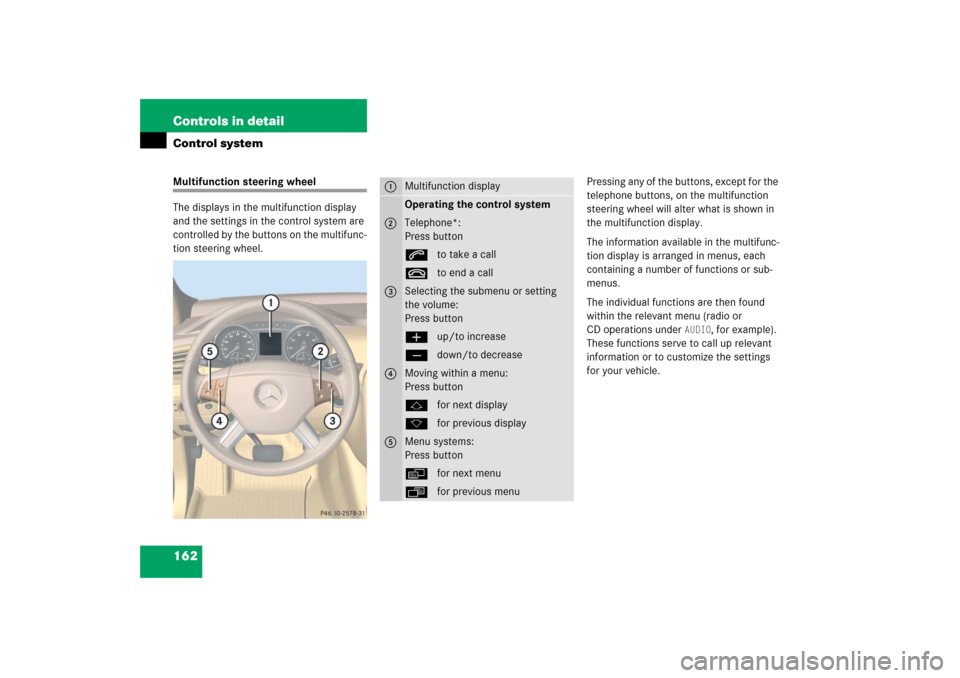 MERCEDES-BENZ R350 2006 W251 Owners Manual 162 Controls in detailControl systemMultifunction steering wheel
The displays in the multifunction display
and the settings in the control system are
controlled by the buttons on the multifunc-
tion MERCEDES-BENZ R350 2006 W251 Owners Manual 162 Controls in detailControl systemMultifunction steering wheel
The displays in the multifunction display
and the settings in the control system are
controlled by the buttons on the multifunc-
tion