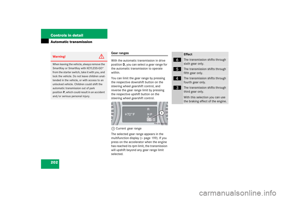 MERCEDES-BENZ R350 2006 W251 Owners Manual 202 Controls in detailAutomatic transmission
Gear ranges
With the automatic transmission in drive
positionD, you can select a gear range for
the automatic transmission to operate
within.
You can li MERCEDES-BENZ R350 2006 W251 Owners Manual 202 Controls in detailAutomatic transmission
Gear ranges
With the automatic transmission in drive
positionD, you can select a gear range for
the automatic transmission to operate
within.
You can li