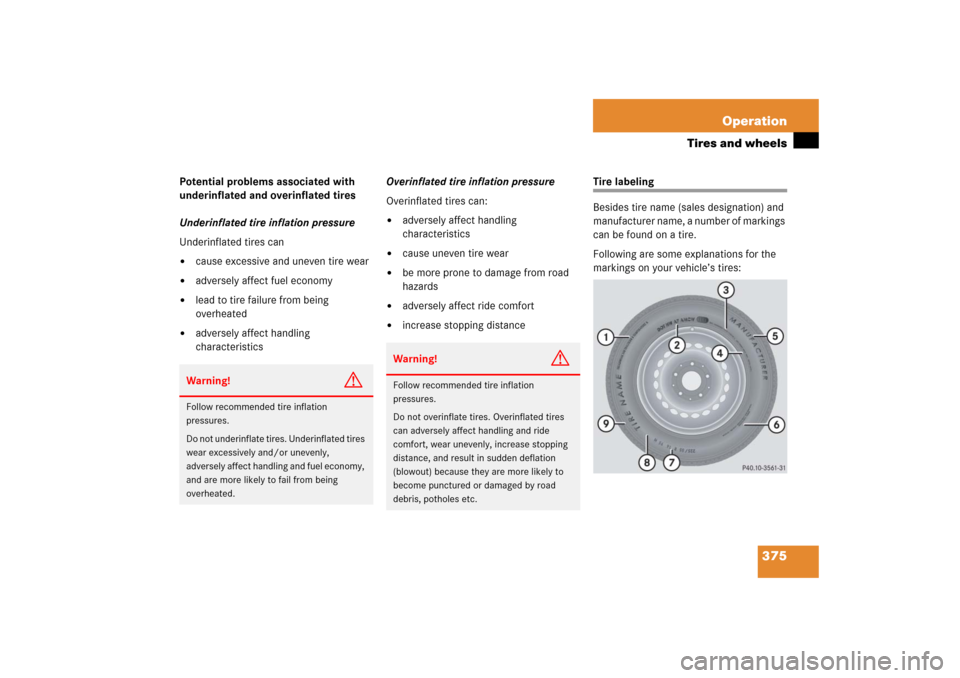 MERCEDES-BENZ R350 2006 W251 Owners Manual 375 Operation
Tires and wheels
Potential problems associated with 
underinflated and overinflated tires
Underinflated tire inflation pressure
Underinflated tires can
cause excessive and uneven tire w