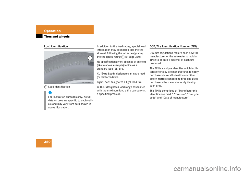 MERCEDES-BENZ R350 2006 W251 Owners Manual 380 OperationTires and wheelsLoad identification
1Load identificationIn addition to tire load rating, special load 
information may be molded into the tire 
sidewall following the letter designating 
