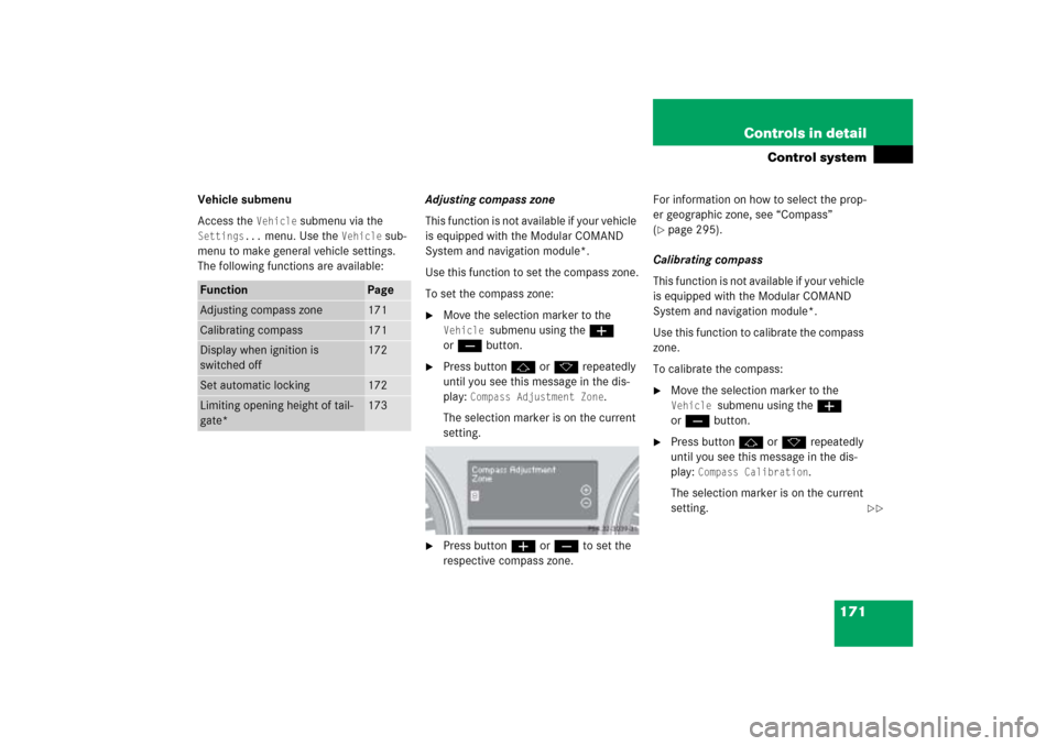 MERCEDES-BENZ ML500 2006 W163 Owners Manual 171 Controls in detail
Control system
Vehicle submenu
Access the 
Vehicle
 submenu via the 
Settings...
 menu. Use the 
Vehicle
 sub-
menu to make general vehicle settings. 
The following functions ar