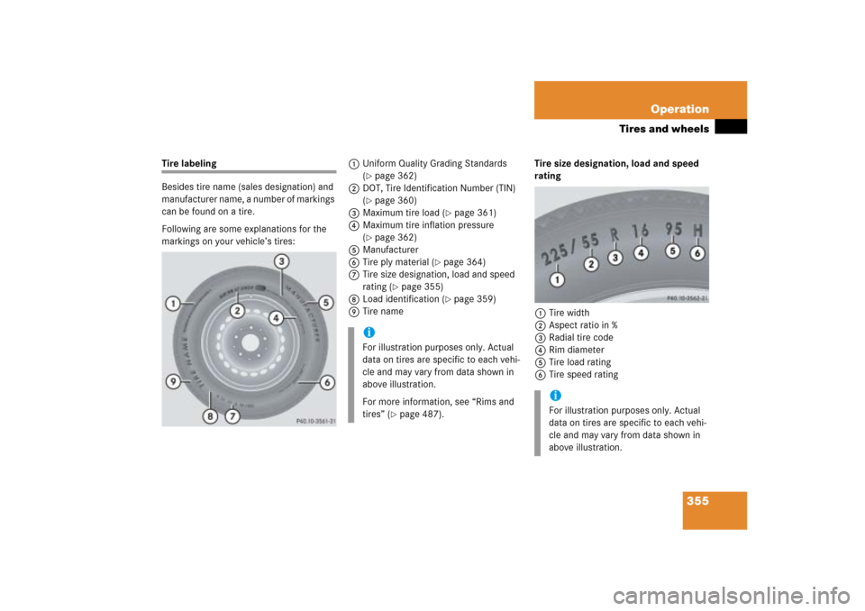 MERCEDES-BENZ ML500 2006 W163 Owners Manual 355 Operation
Tires and wheels
Tire labeling
Besides tire name (sales designation) and
manufacturer name, a number of markings
can be found on a tire.
Following are some explanations for the
markin MERCEDES-BENZ ML500 2006 W163 Owners Manual 355 Operation
Tires and wheels
Tire labeling
Besides tire name (sales designation) and
manufacturer name, a number of markings
can be found on a tire.
Following are some explanations for the
markin