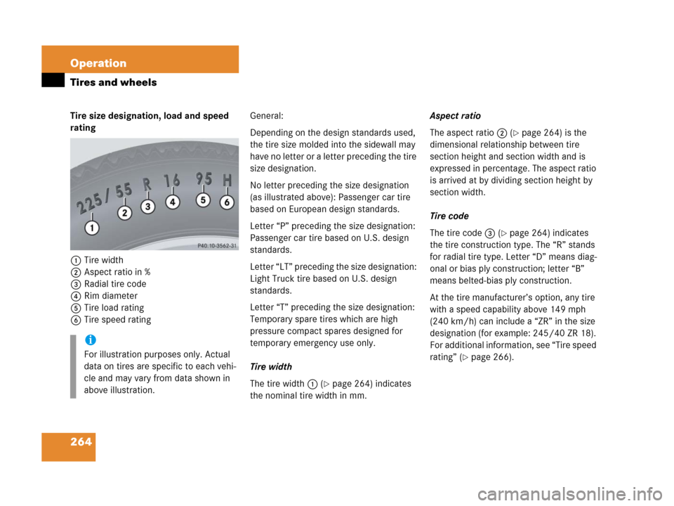 MERCEDES-BENZ G500 2006 W463 Owners Manual 264 Operation
Tires and wheels
Tire size designation, load and speed
rating
1Tire width
2Aspect ratio in %
3Radial tire code
4Rim diameter
5Tire load rating
6Tire speed ratingGeneral:
Depending on t MERCEDES-BENZ G500 2006 W463 Owners Manual 264 Operation
Tires and wheels
Tire size designation, load and speed
rating
1Tire width
2Aspect ratio in %
3Radial tire code
4Rim diameter
5Tire load rating
6Tire speed ratingGeneral:
Depending on t