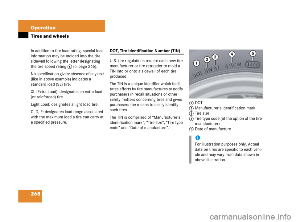 MERCEDES-BENZ G500 2006 W463 Owners Manual 268 Operation
Tires and wheels
In addition to tire load rating, special load
information may be molded into the tire
sidewall following the letter designating
the tire speed rating6 (
page 266).
N MERCEDES-BENZ G500 2006 W463 Owners Manual 268 Operation
Tires and wheels
In addition to tire load rating, special load
information may be molded into the tire
sidewall following the letter designating
the tire speed rating6 (
page 266).
N