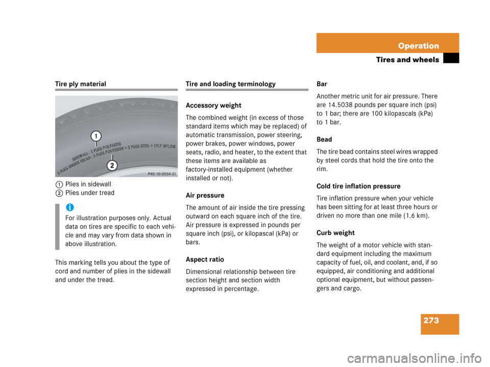 MERCEDES-BENZ G500 2006 W463 Owners Manual 273 Operation
Tires and wheels
Tire ply material
1Plies in sidewall
2Plies under tread
This marking tells you about the type of
cord and number of plies in the sidewall
and under the tread.Tire and MERCEDES-BENZ G500 2006 W463 Owners Manual 273 Operation
Tires and wheels
Tire ply material
1Plies in sidewall
2Plies under tread
This marking tells you about the type of
cord and number of plies in the sidewall
and under the tread.Tire and