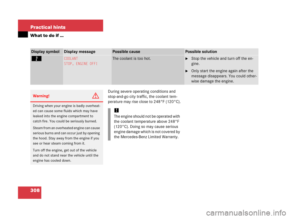 MERCEDES-BENZ G500 2006 W463 Owners Manual 308 Practical hints
What to do if …
During severe operating conditions and
stop-and-go city traffic, the coolant tem-
perature may rise close to 248°F (120°C).
Display symbolDisplay messagePossib MERCEDES-BENZ G500 2006 W463 Owners Manual 308 Practical hints
What to do if …
During severe operating conditions and
stop-and-go city traffic, the coolant tem-
perature may rise close to 248°F (120°C).
Display symbolDisplay messagePossib