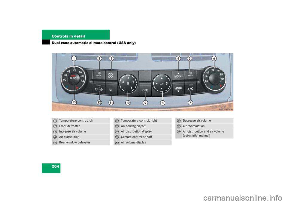 MERCEDES-BENZ E WAGON 2006 S211 Owners Manual 204 Controls in detailDual-zone automatic climate control (USA only)1
Temperature control, left
2
Front defroster
3
Increase air volume
4
Air distribution
5
Rear window defroster
6
Temperature control