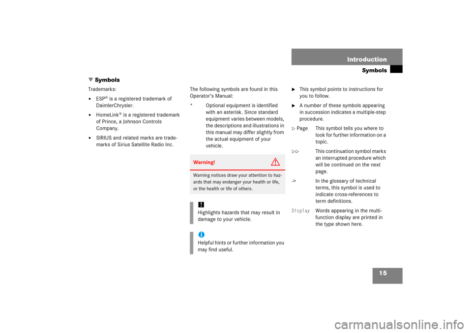 MERCEDES-BENZ CLK500 2006 C209 Owners Manual 15 Introduction
Symbols
Symbols
Trademarks:
ESP
® is a registered trademark of
DaimlerChrysler.
HomeLink
® is a registered trademark
of Prince, a Johnson Controls
Company.
SIRIUS and relate MERCEDES-BENZ CLK500 2006 C209 Owners Manual 15 Introduction
Symbols
Symbols
Trademarks:
ESP
® is a registered trademark of
DaimlerChrysler.
HomeLink
® is a registered trademark
of Prince, a Johnson Controls
Company.
SIRIUS and relate