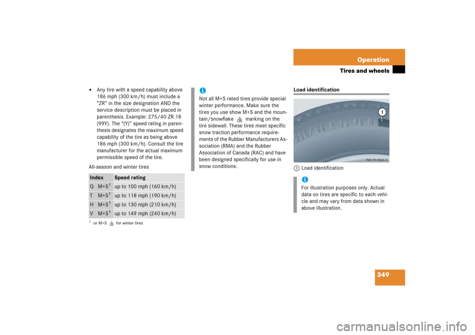 MERCEDES-BENZ CLK500 2006 C209 Owners Manual 349 Operation
Tires and wheels
Any tire with a speed capability above
186 mph (300 km/h) must include a
“ZR” in the size designation AND the
service description must be placed in
parenthesis MERCEDES-BENZ CLK500 2006 C209 Owners Manual 349 Operation
Tires and wheels
Any tire with a speed capability above
186 mph (300 km/h) must include a
“ZR” in the size designation AND the
service description must be placed in
parenthesis