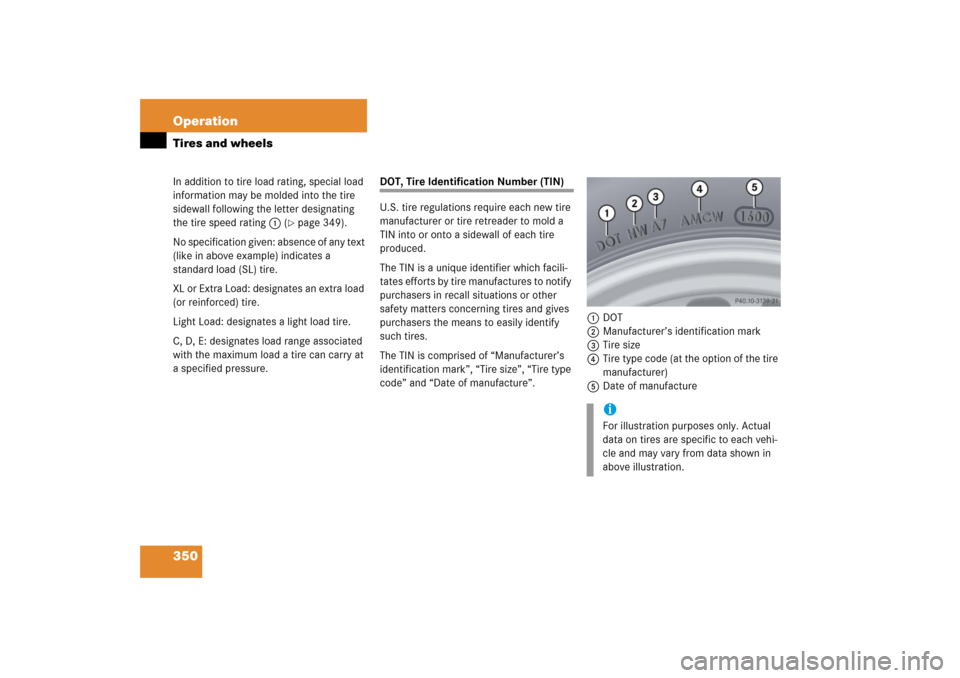 MERCEDES-BENZ CLK500 2006 C209 Owners Manual 350 OperationTires and wheelsIn addition to tire load rating, special load
information may be molded into the tire
sidewall following the letter designating
the tire speed rating1 (
page 349).
No MERCEDES-BENZ CLK500 2006 C209 Owners Manual 350 OperationTires and wheelsIn addition to tire load rating, special load
information may be molded into the tire
sidewall following the letter designating
the tire speed rating1 (
page 349).
No