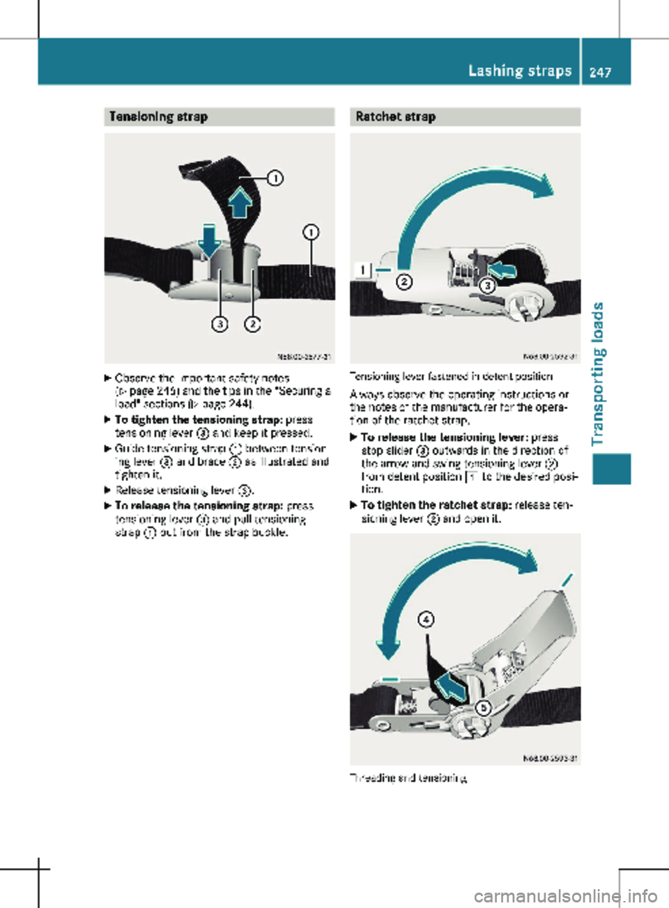 MERCEDES-BENZ METRIS 2020  MY20 Operator’s Manual Tensioning strap
X
Observe the important safety notes
(Y page 
246) and the tips in the "Securing a
load" sections (Y page 244).
X To tighten the tensioning strap:  press
tensioning lever  = a