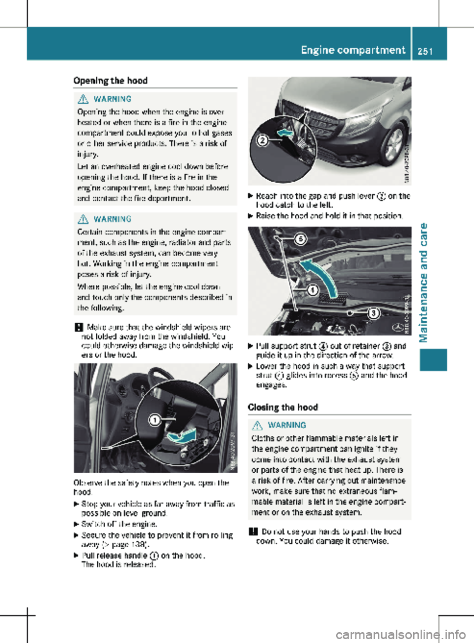 MERCEDES-BENZ METRIS 2020  MY20 Operator’s Manual Opening the hood
G
WARNING
Opening the hood when the engine is over-
heated or when there is a fire in the engine
compartment could expose you to hot gases
or other service products. There is a risk o