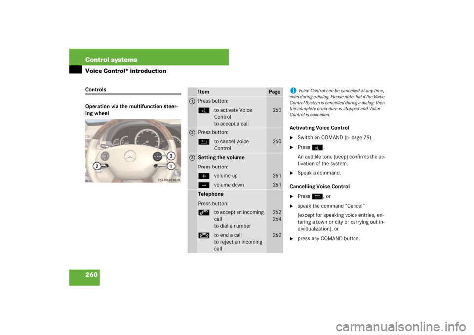 MERCEDES-BENZ S600 2007 W221 Owners Manual 260 Control systemsVoice Control* introductionControls
Operation via the multifunction steer-
ing wheel
Activating Voice Control

Switch on COMAND (
page 79). 

Press !.
An audible tone (beep) conf