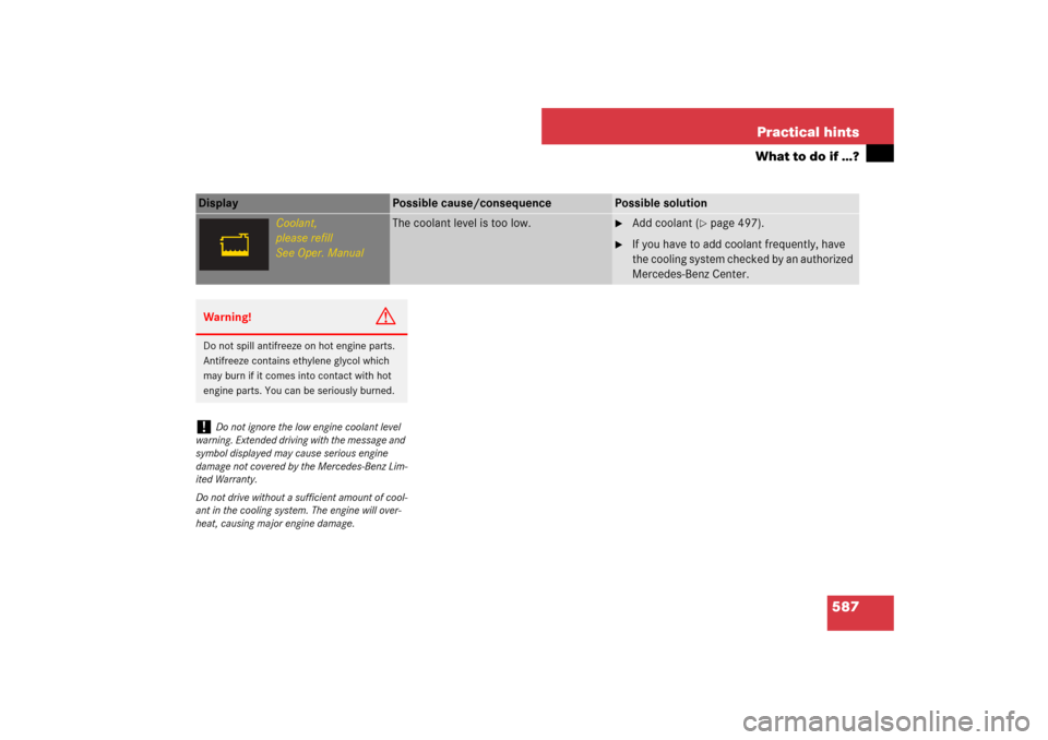 MERCEDES-BENZ S600 2007 W221 Owners Manual 587 Practical hints
What to do if …?
Display 
Possible cause/consequence
Possible solution
Coolant,
please refill
See Oper. Manual
The coolant level is too low.

Add coolant (
page 497).

If you 