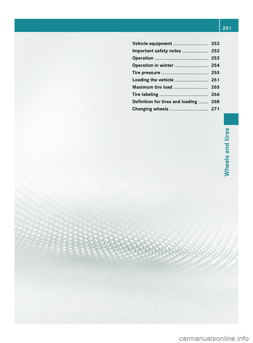 MERCEDES-BENZ SPRINTER 2010  MY10 Operator’s Manual Vehicle equipment ............................
252
Important safety notes  ....................252
Operation ........................................... 253
Operation in winter  ......................