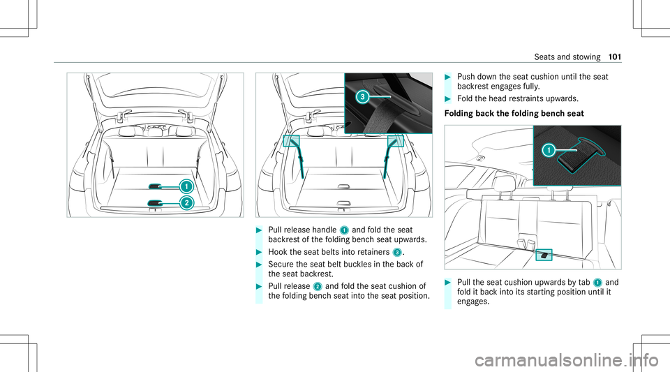 MERCEDES-BENZ E WAGON 2021  Owners Manual #
Pull release handle 1and fold theseat
bac kres tof thefo lding benchseat upwards. #
Hook theseat belts intore tainer s3. #
Sec ureth eseat beltbuckles inthebac kof
th eseat backres t. #
Pull release