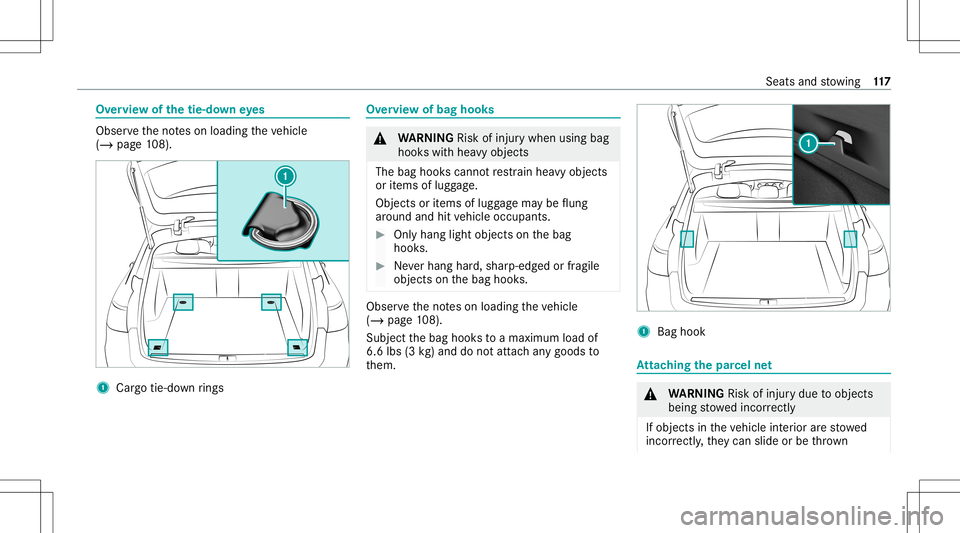MERCEDES-BENZ E WAGON 2021  Owners Manual Ov
ervie wof thetie- down eyes Obser
vetheno teson loadi ngtheve hicle
(/ page10 8). 1
Cargo tie-do wnrings Ov
erview ofbag hook s &
WARNIN GRisk ofinju rywhen usingbag
hook swit hhea vyobj ect s
The 