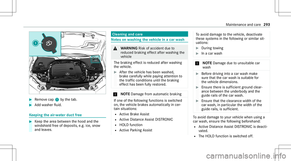 MERCEDES-BENZ E WAGON 2021  Owners Manual #
Remo vecap 1bytheta b. #
Addwa sher fluid. Ke
eping theair -water duct free #
Keep thear ea between thehood andthe
winds hieldfree ofdepos its,e.g .ice, snow
and leaves. Cleani
ngand care No
teson w