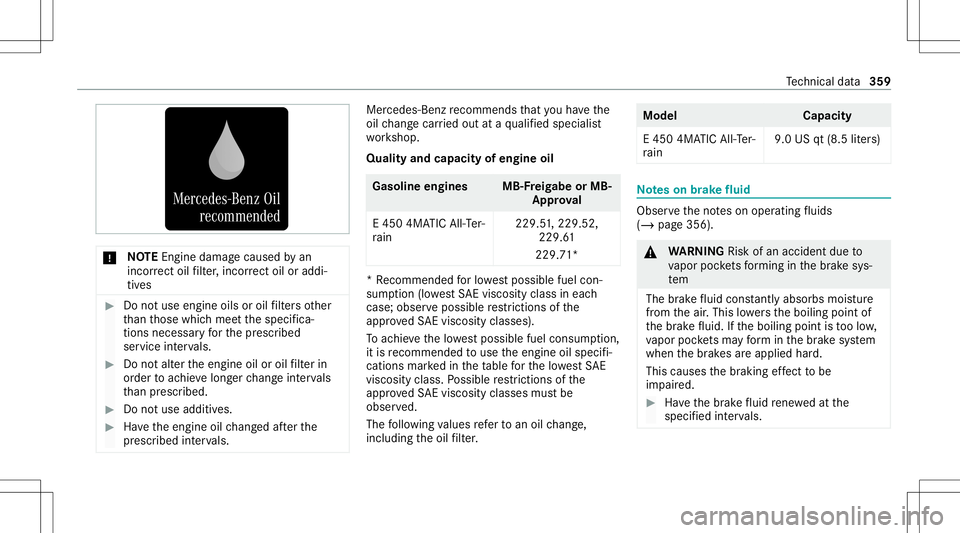 MERCEDES-BENZ E WAGON 2021  Owners Manual *
NO
TEEngi nedama gecau sed byan
inc orrect oil filt er ,inc orrect oil oraddi‐
tiv es #
Donotus eengi neoilsor oil filt er sot her
th an those whic hmee tth especif ica‐
tion sneces saryfo rth e