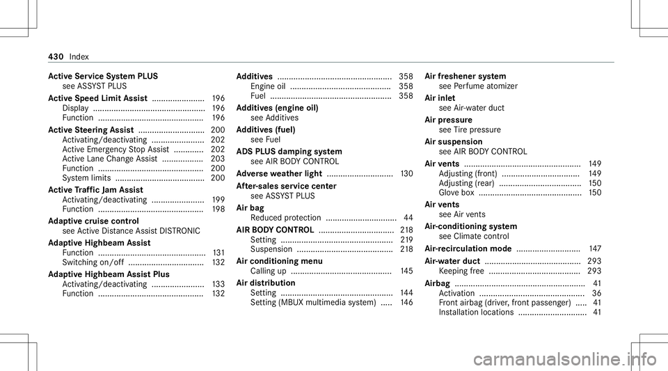MERCEDES-BENZ E WAGON 2021  Owners Manual Ac
tiv eSe rvice System PLUS
see ASSYST PLUS
Ac tiv eSpe edLimit Assist <0011001100110011001100110011001100110011001100110011001100110011
0011001100110011001100110011> 196
Dis play <001100110011001100