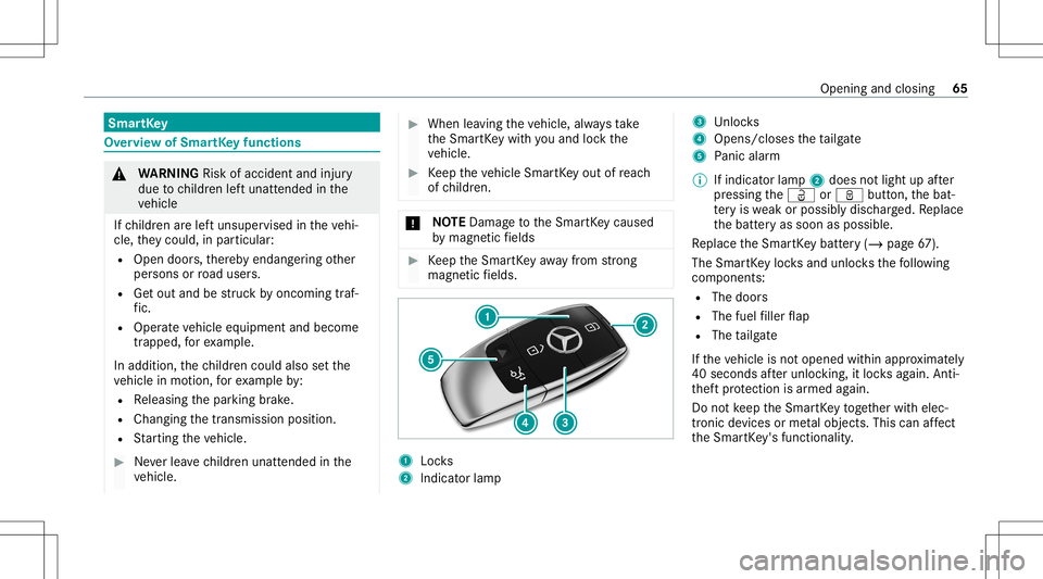MERCEDES-BENZ E WAGON 2021  Owners Manual Smar
tKey Ov
ervie wof Smar tKey functio ns &
WARNIN GRisk ofacci dent andinjury
due tochildr enleftunat tende din the
ve hicle
If ch ildr enarelef tunsuper visedintheve hi‐
cle, they cou ld,in pa r