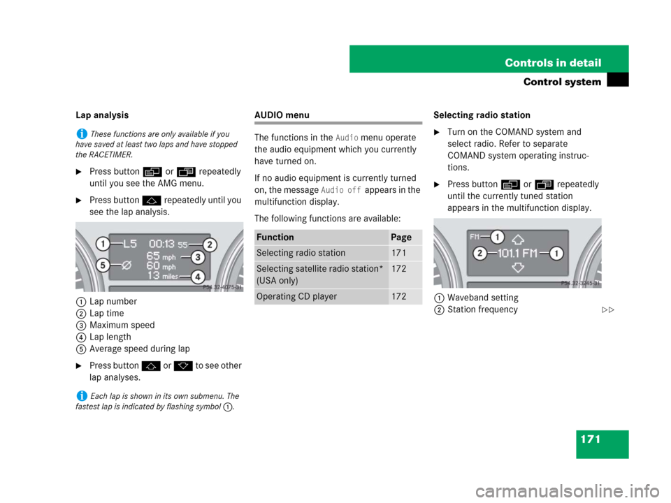 MERCEDES-BENZ R350 2007 R171 Owners Manual 171 Controls in detail
Control system
Lap analysis
Press button è or ÿ repeatedly
until you see the AMG menu.
Press button j repeatedly until you
see the lap analysis.
1Lap number
2Lap time
3Max MERCEDES-BENZ R350 2007 R171 Owners Manual 171 Controls in detail
Control system
Lap analysis
Press button è or ÿ repeatedly
until you see the AMG menu.
Press button j repeatedly until you
see the lap analysis.
1Lap number
2Lap time
3Max