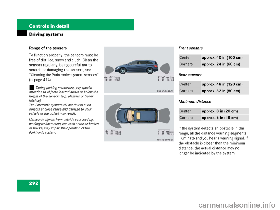 MERCEDES-BENZ R350 2007 R171 Owners Manual 292 Controls in detail
Driving systems
Range of the sensors
To function properly, the sensors must be
free of dirt, ice, snow and slush. Clean the
sensors regularly, being careful not to
scratch or MERCEDES-BENZ R350 2007 R171 Owners Manual 292 Controls in detail
Driving systems
Range of the sensors
To function properly, the sensors must be
free of dirt, ice, snow and slush. Clean the
sensors regularly, being careful not to
scratch or