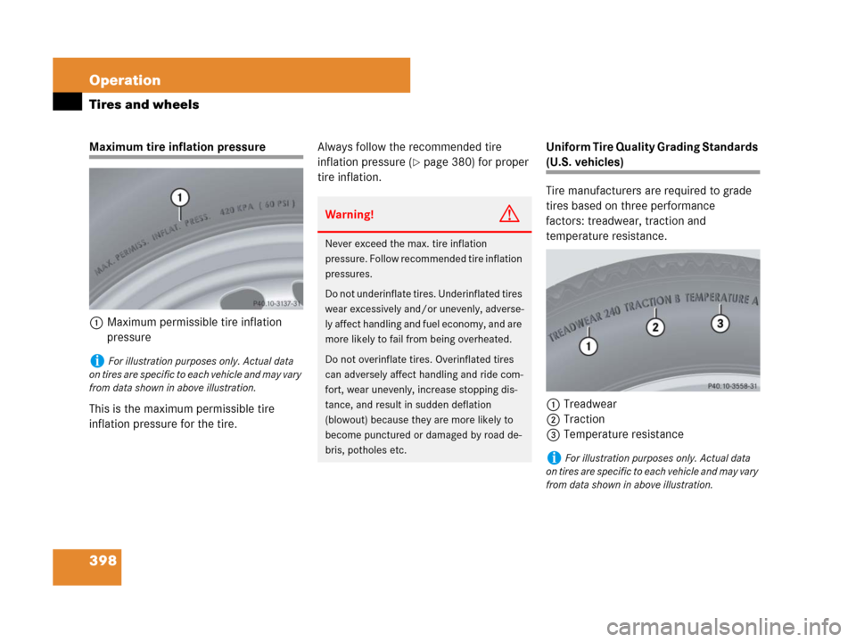 MERCEDES-BENZ R350 2007 R171 Owners Manual 398 Operation
Tires and wheels
Maximum tire inflation pressure
1Maximum permissible tire inflation 
pressure 
This is the maximum permissible tire 
inflation pressure for the tire.Always follow the re