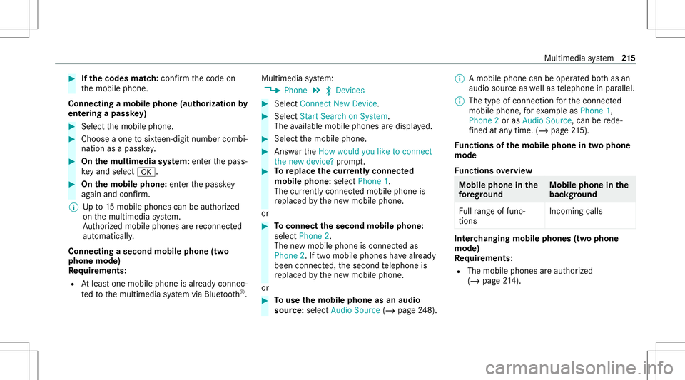 MERCEDES-BENZ GT COUPE 2021 AMG Owners Manual #
Ifth ecodes match: con firm thecode on
th emobile phone.
Connecting amobile phone(authorizat ion by
ent ering apa ssk ey) #
Select themobile phone. #
Choose aone tosixt een-digit numbercombi‐
nati MERCEDES-BENZ GT COUPE 2021 AMG Owners Manual #
Ifth ecodes match: con firm thecode on
th emobile phone.
Connecting amobile phone(authorizat ion by
ent ering apa ssk ey) #
Select themobile phone. #
Choose aone tosixt een-digit numbercombi‐
nati