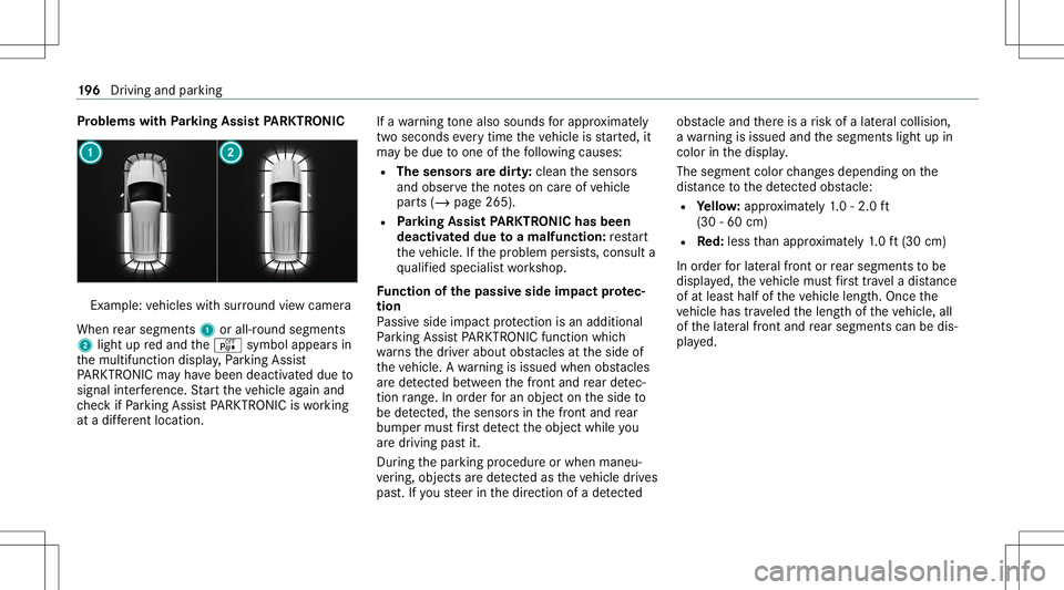 MERCEDES-BENZ CLA COUPE 2021 Owners Manual Pr
oblems withParking Assis tPA RK TRONI C Ex
am ple: vehicles withsur round viewcam era
When rear segm ents1 orall-r oundsegm ents
2 light upredand theé symbol appearsin
th emultifunc tiondispla y,P MERCEDES-BENZ CLA COUPE 2021 Owners Manual Pr
oblems withParking Assis tPA RK TRONI C Ex
am ple: vehicles withsur round viewcam era
When rear segm ents1 orall-r oundsegm ents
2 light upredand theé symbol appearsin
th emultifunc tiondispla y,P